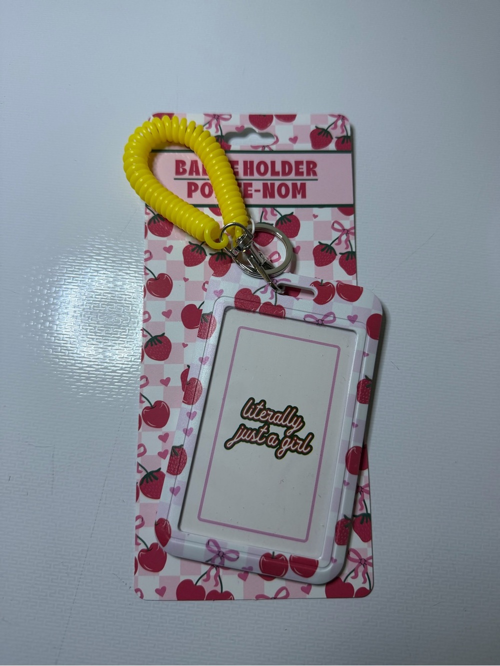Pink Cherry Card & Key Holder with Yellow Coil Strap